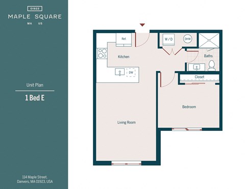 A floor plan of a 1 Bedroom apartment in Maple Square, Denver, MA.